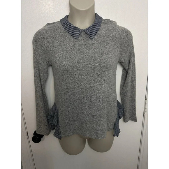 Monteau Womens Gray Knit Top Collared Long Sleeve Blue Stripe Trim size L #1151 - Picture 1 of 10